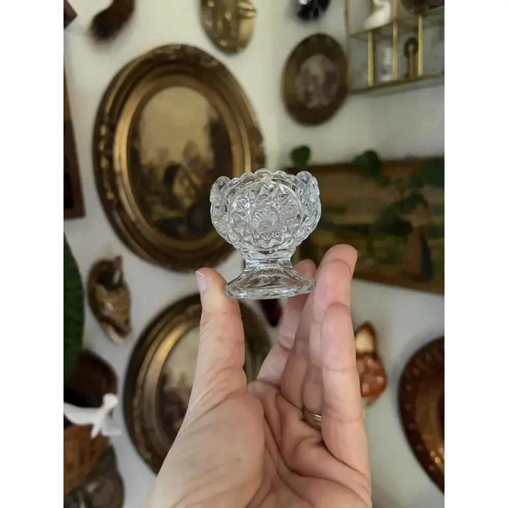 Antique EAPG Salt Cellars Footed Glass Open Salts Set Of 2 Starburst And Shells